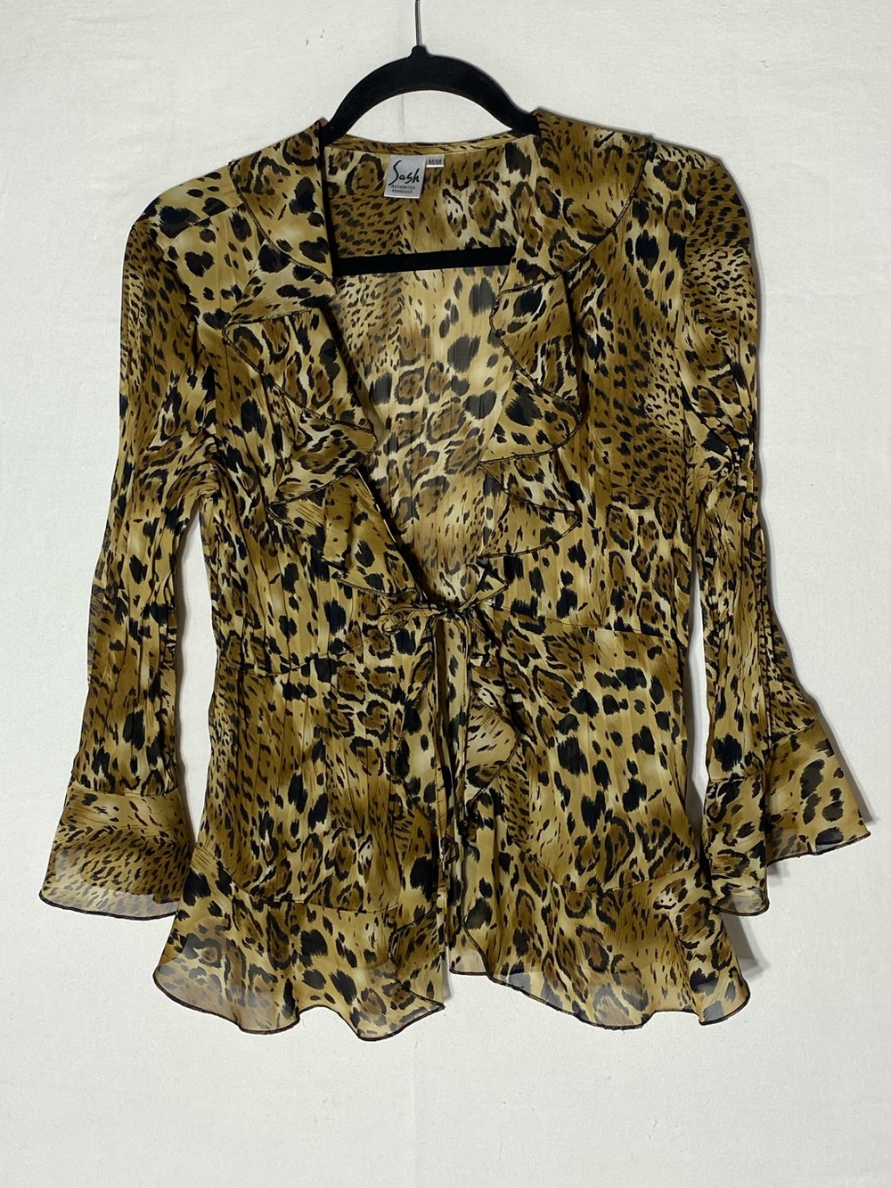 Vintage 90s Y2K Sash Leopard Print Sheer Ruffle Open Tie Front Blouse M Mob Wife